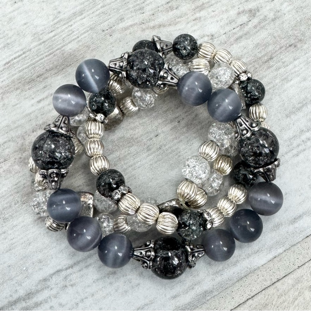 Beaded Grey Silver Beaded Stretch Bracelets Set of 3